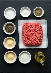An overhead view of ingredients for homemade ground beef sausage, including raw ground beef on parchment paper and small bowls of salt, pepper, garlic powder, and onion powder.