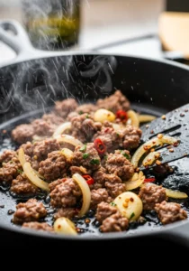 Crumbled spicy Italian beef sausage sizzling in a hot cast-iron skillet with onions and garlic, with steam rising from the pan.