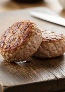 Thick German-style beef sausage patties with distinct grill marks cooking on a griddle pan, garnished with fresh marjoram
