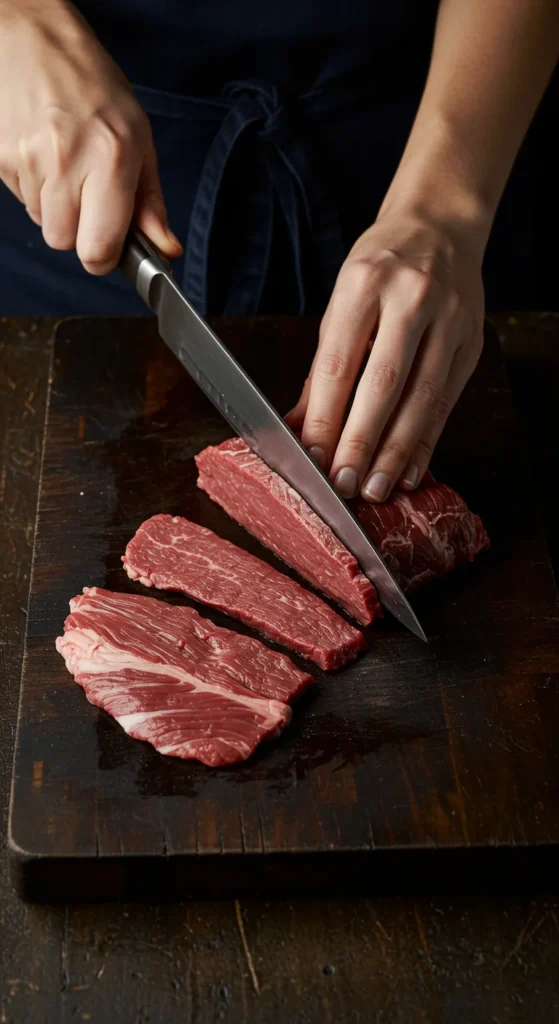 A chef slicing raw flank steak against the grain on a wooden cutting board to prepare a tender thin sliced beef recipe.