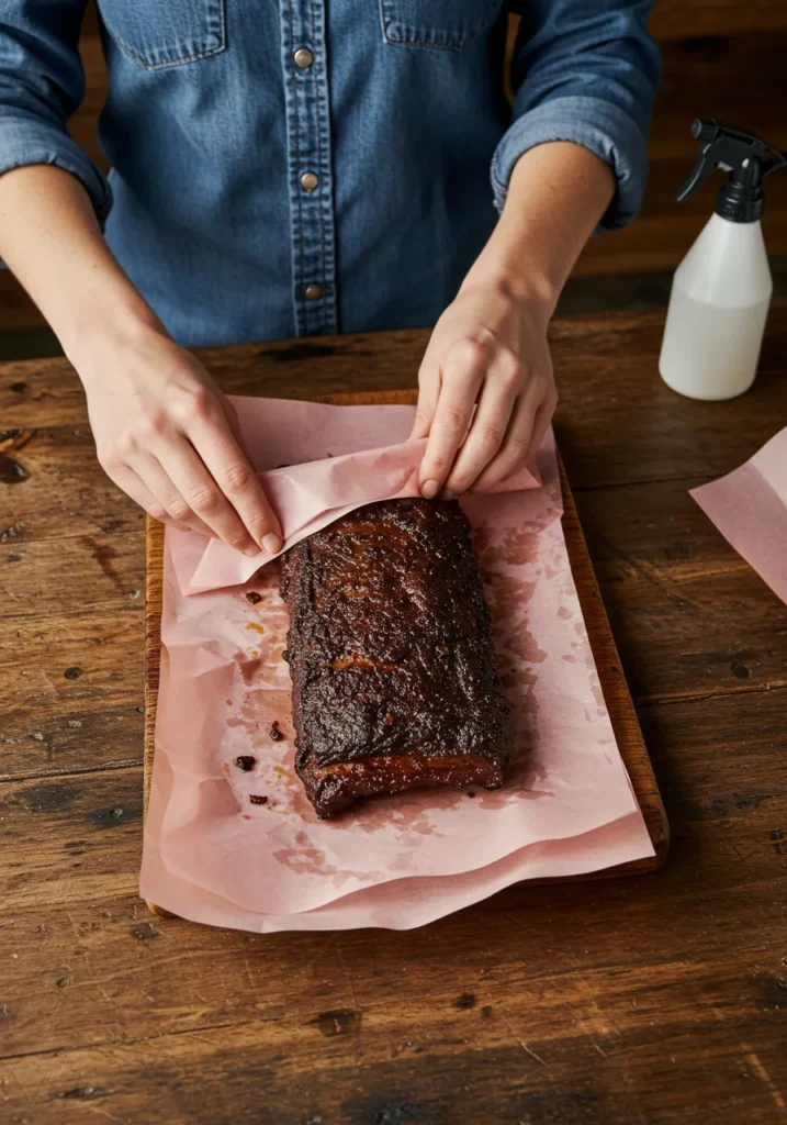 A pitmaster's hands tightly wrapping a smoked tri-tip in pink butcher paper.
