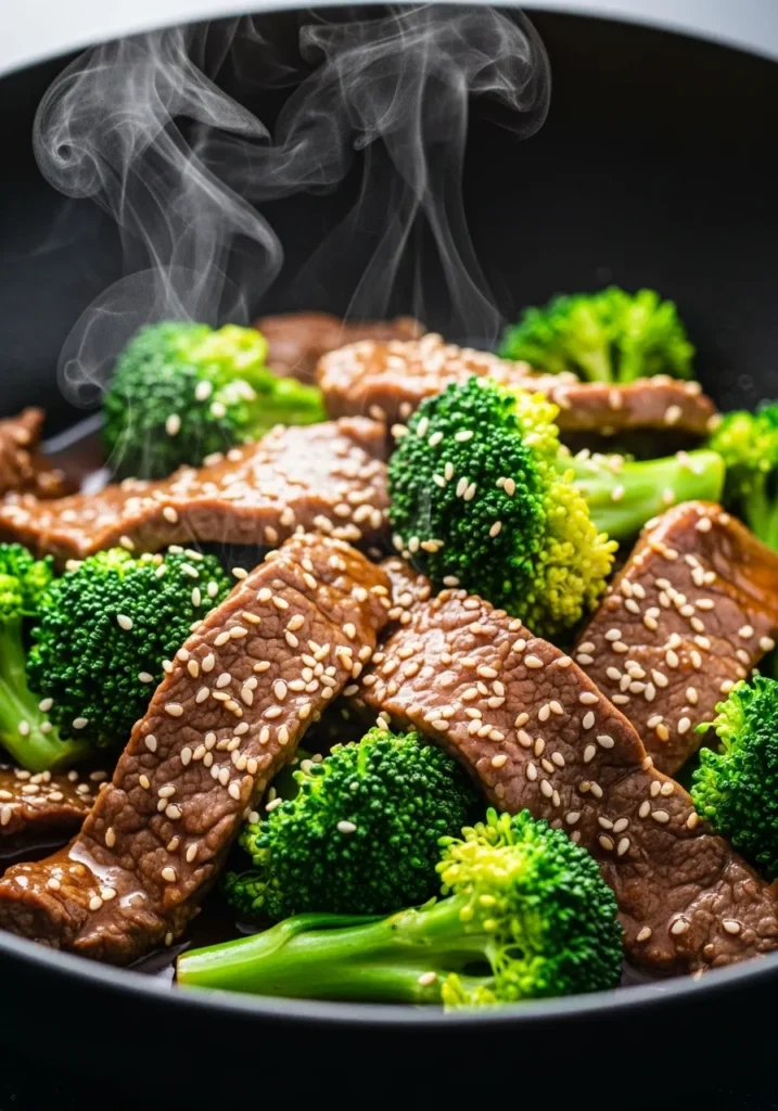 A vibrant beef and broccoli stir-fry made with tender leftover tri-tip steak, coated in a savory sauce.