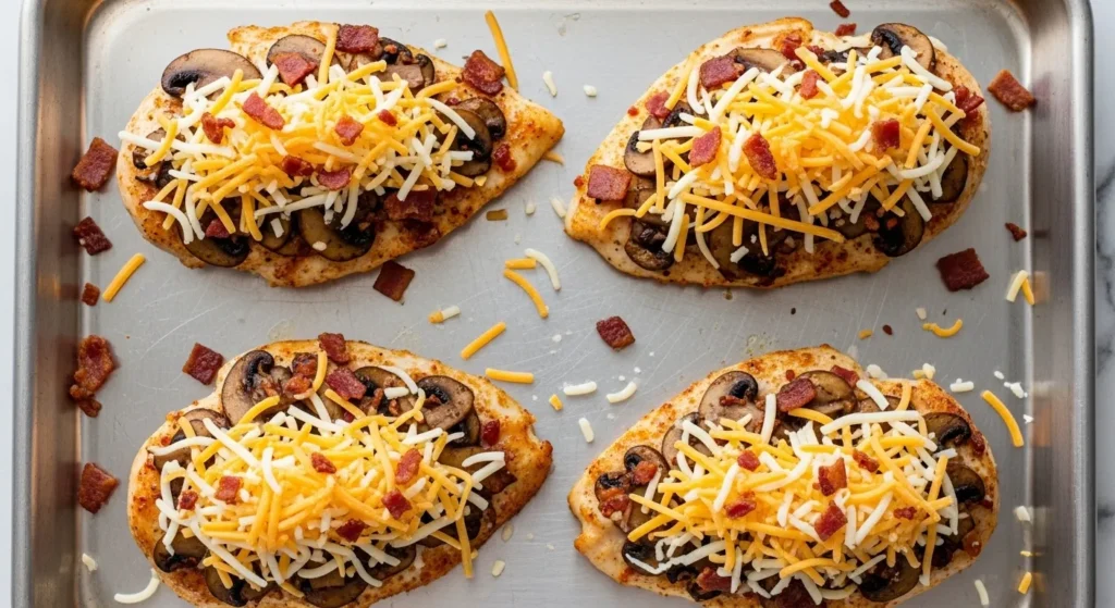 Assembling Alice Springs Chicken with mushrooms, bacon, and cheese before broiling.