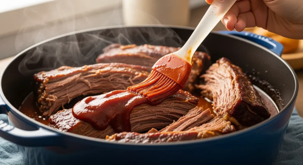 Brushing a thick BBQ sauce onto tender, slow-cooked beef country style ribs before the final step of the oven recipe.