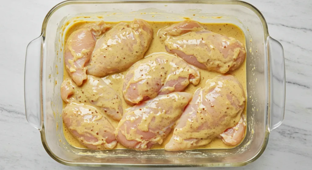 Chicken breasts marinating in honey mustard sauce in a glass dish.