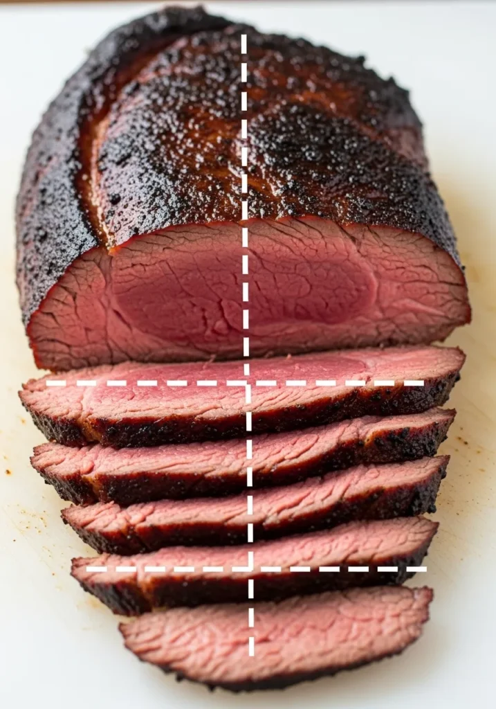 Diagram showing how to separate and slice a tri-tip roast correctly against the grain.