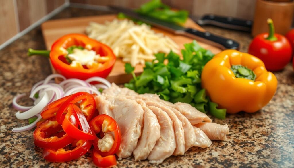 Preparing ingredients for chicken cheesesteak