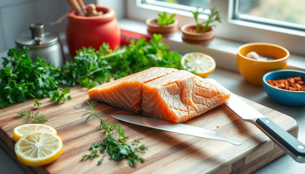 Preparing salmon for cooking