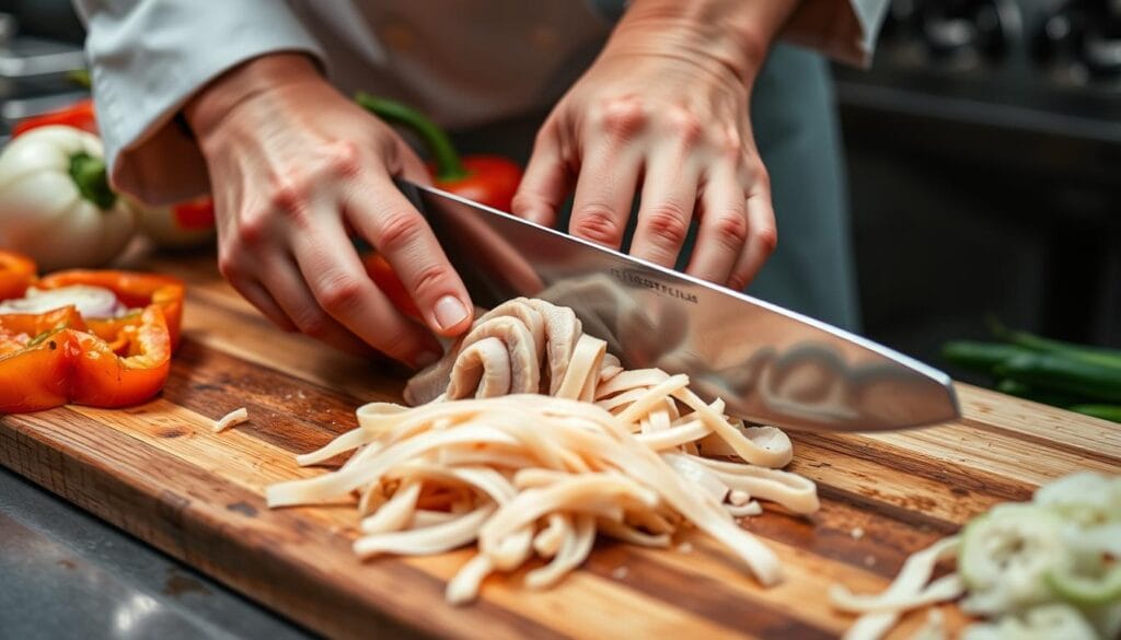 Thin-sliced chicken preparation for Philly sandwich