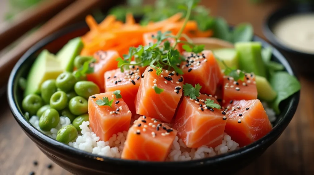 raw salmon poke bowl