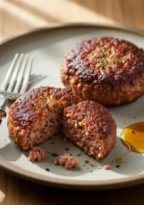 Two golden-brown, homemade beef breakfast sausage patties on a white plate, with one broken open to reveal its juicy texture.